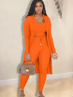 Open Front Cardigan Long Pants Three Piece Outfits