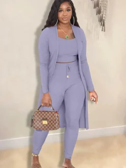 Open Front Cardigan Long Pants Three Piece Outfits