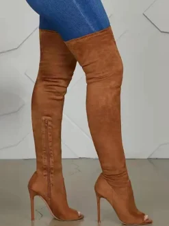 Open-Toe Side Zipper Suede Knee-High Boots
