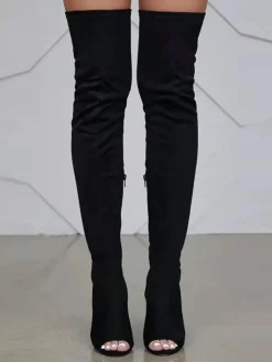 Open-Toe Side Zipper Suede Knee-High Boots
