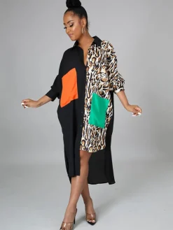 Oversize Irregular Leopard Print Patchwork Shirt Dress