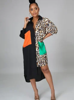 Oversize Irregular Leopard Print Patchwork Shirt Dress