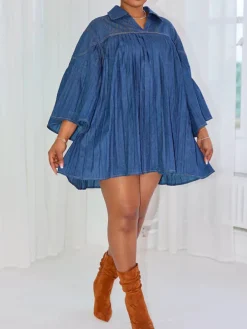 Oversized Denim Pleated A-Line Shirt Dress