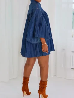 Oversized Denim Pleated A-Line Shirt Dress