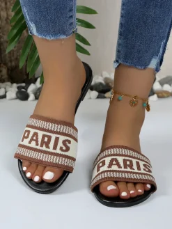 Paris Letter Knit Band Slide Sandals