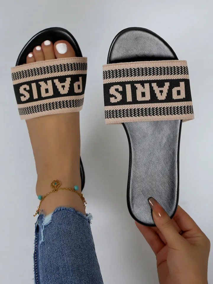 Paris Letter Knit Band Slide Sandals