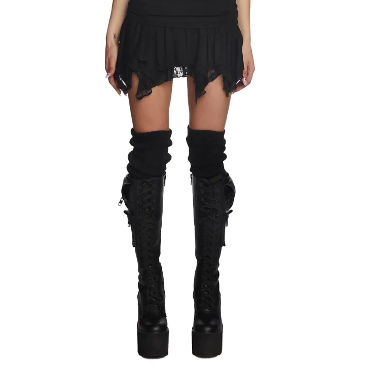 Patchwork Lace Ruffle Pleated Mini Skirt