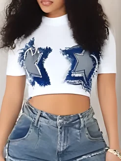 Patchwork Star Cropped Round Neck T-Shirt