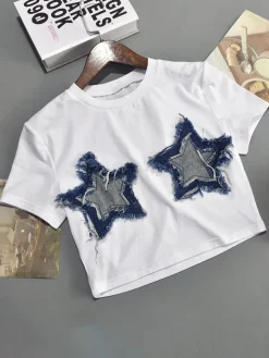 Patchwork Star Cropped Round Neck T-Shirt