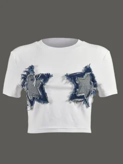 Patchwork Star Cropped Round Neck T-Shirt