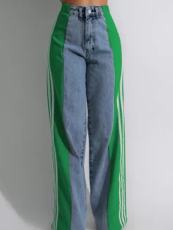 Patchwork Stripe Wide Leg Denim Pants
