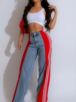 Patchwork Stripe Wide Leg Denim Pants