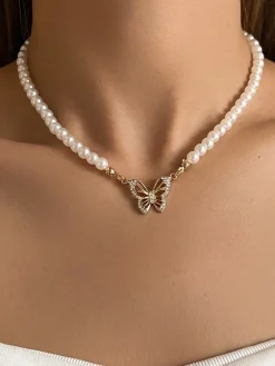 Pearl Butterfly Pendant Collar Necklace