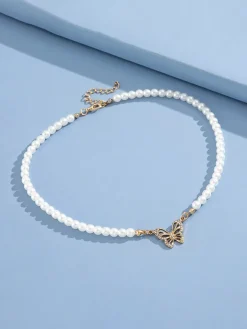 Pearl Butterfly Pendant Collar Necklace