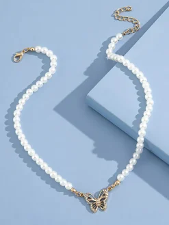 Pearl Butterfly Pendant Collar Necklace