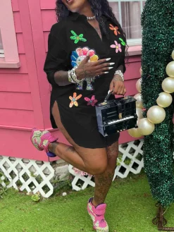 Pearl Floral Print Shirt Dress