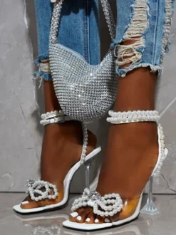 Pearl Rhinestone Bow Tie Heel Sandal