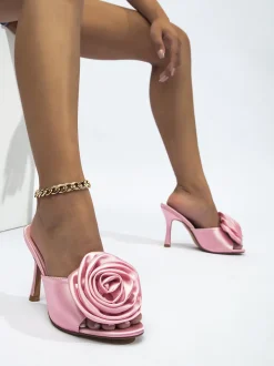 Peep Toe Satin Floral Stiletto Heeled Mules