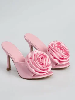 Peep Toe Satin Floral Stiletto Heeled Mules