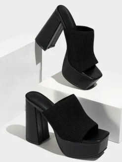 Peep-Toe Knit Platform Heels Slides