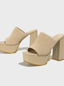 Peep-Toe Knit Platform Heels Slides