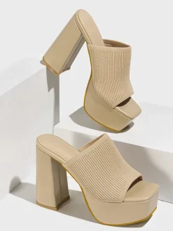 Peep-Toe Knit Platform Heels Slides