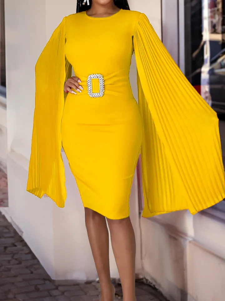 Pleated Cape Sleeve Midi Dress