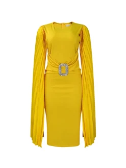 Pleated Cape Sleeve Midi Dress