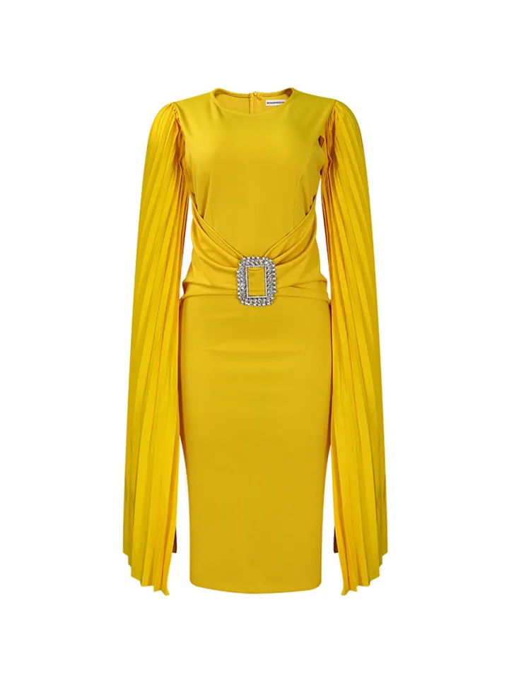 Pleated Cape Sleeve Midi Dress