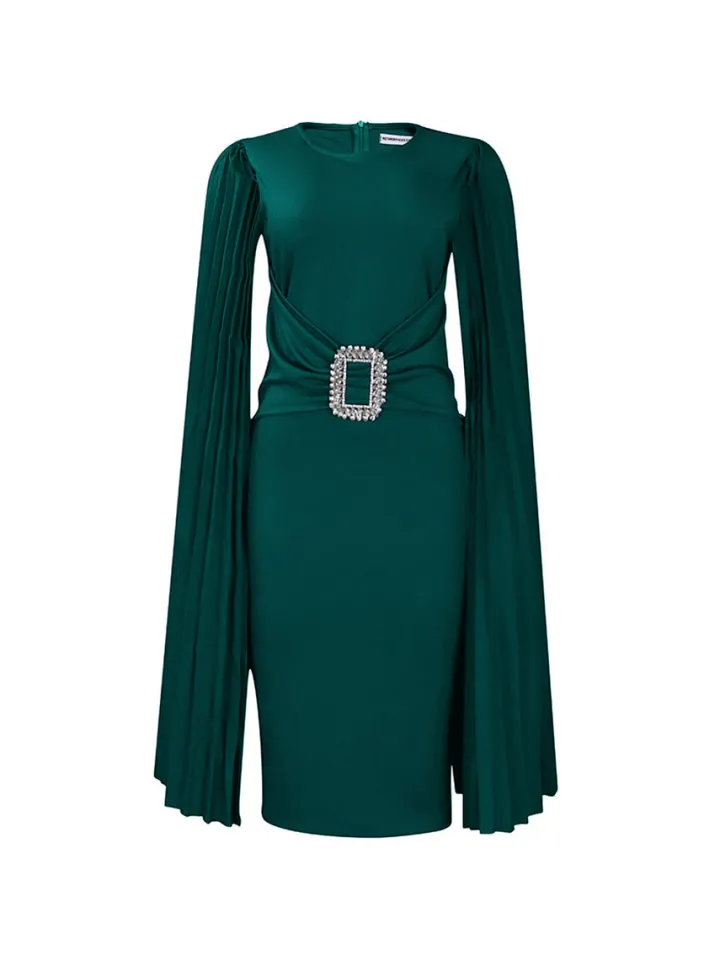 Pleated Cape Sleeve Midi Dress