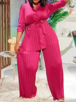 Pleated Long Sleeve Shirt and Pants Set with Belt