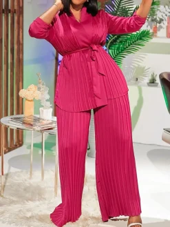 Pleated Long Sleeve Shirt and Pants Set with Belt