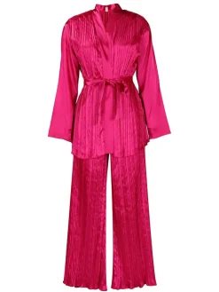 Pleated Long Sleeve Shirt and Pants Set with Belt