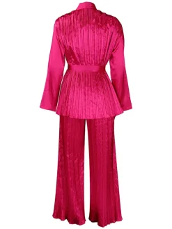 Pleated Long Sleeve Shirt and Pants Set with Belt