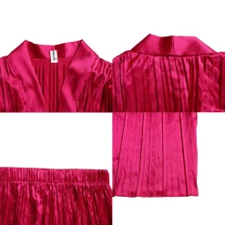 Pleated Long Sleeve Shirt and Pants Set with Belt