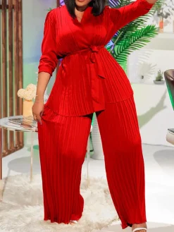 Pleated Long Sleeve Shirt and Pants Set with Belt