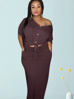 Plus Size 2 Piece Button Twist Knot Top Pocket Skirt Set