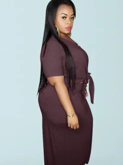 Plus Size 2 Piece Button Twist Knot Top Pocket Skirt Set