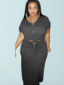 Plus Size 2 Piece Button Twist Knot Top Pocket Skirt Set