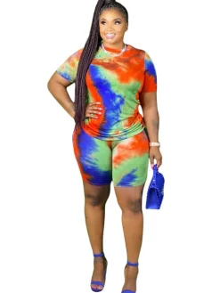 Plus Size 2 Piece Tie Dyed Top Bodycon shorts Set