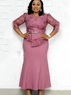 Plus Size Asymmetrical Mesh Lace Patchwork Long Dress