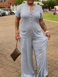 Plus Size Casual Solid Color Jumpsuit with Pockets