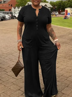 Plus Size Casual Solid Color Jumpsuit with Pockets