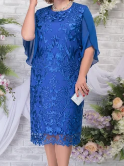 Plus Size Chiffon Floral Embroidered Midi Dress