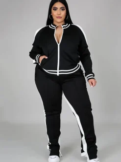 Plus Size Cold Shoulder Jacket Pants Set