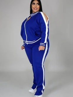 Plus Size Cold Shoulder Jacket Pants Set