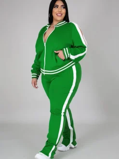 Plus Size Cold Shoulder Jacket Pants Set