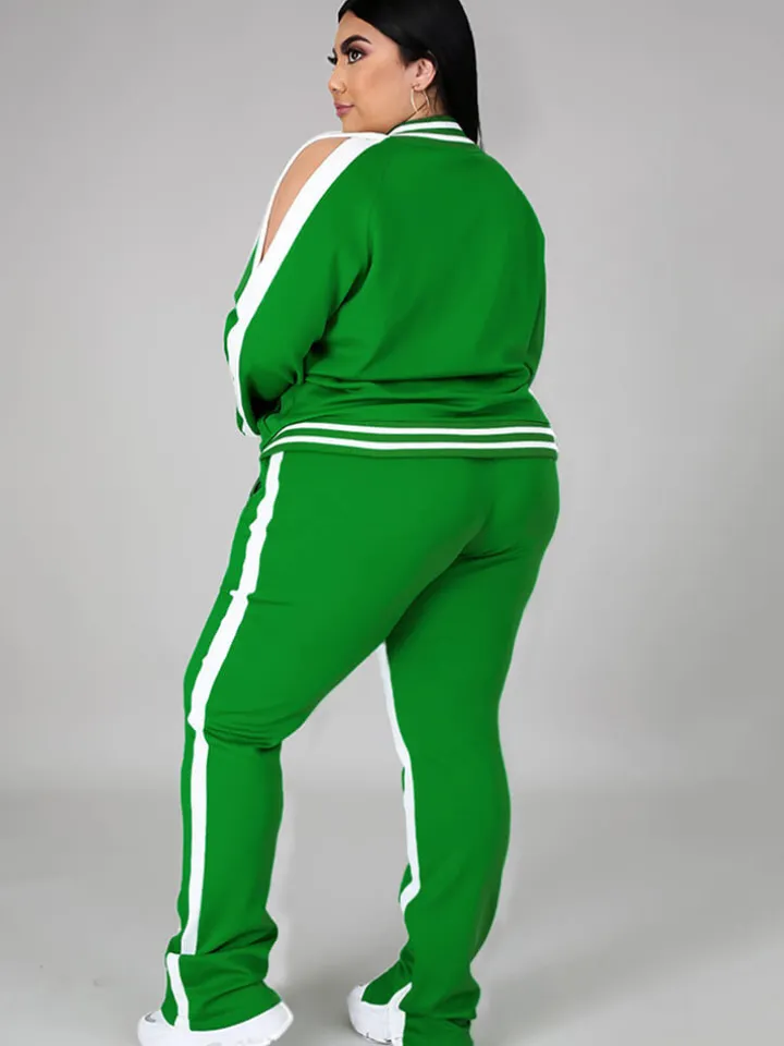 Plus Size Cold Shoulder Jacket Pants Set