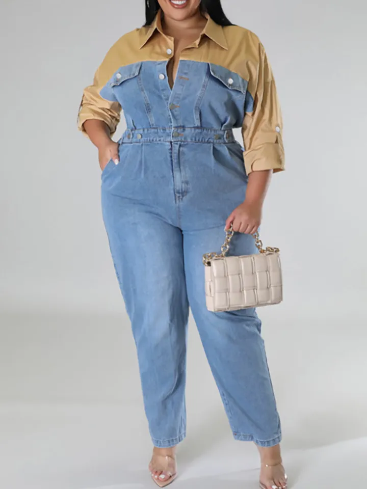 Plus Size Color Block Denim Jumpsuit