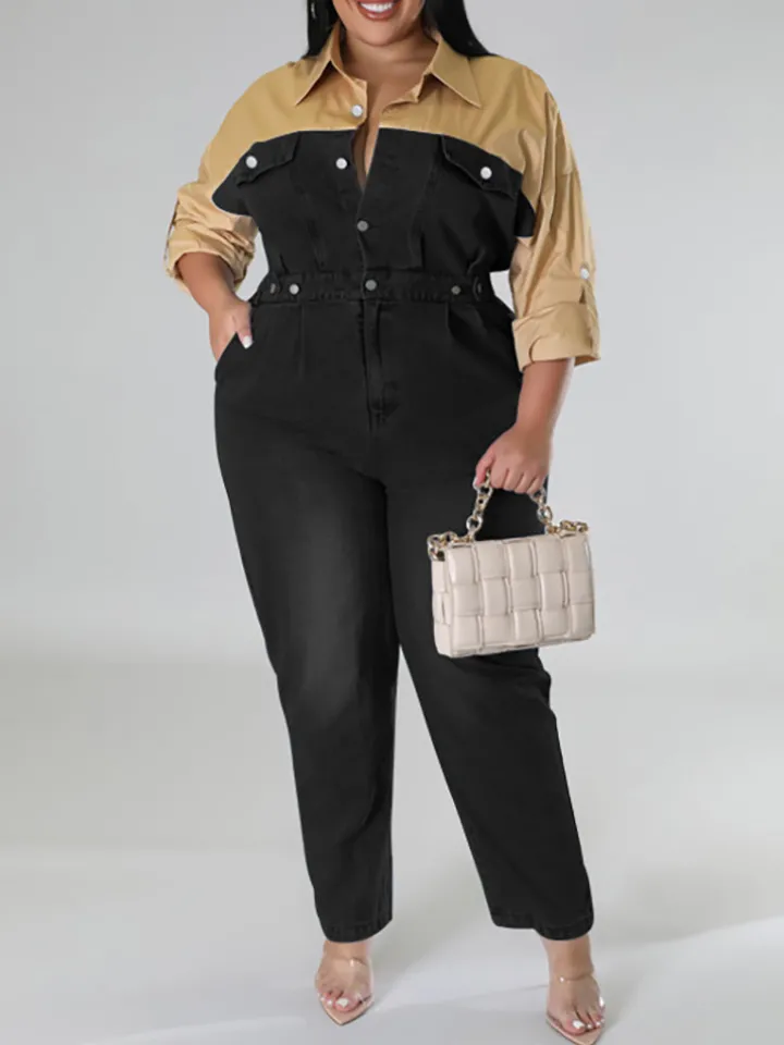 Plus Size Color Block Denim Jumpsuit